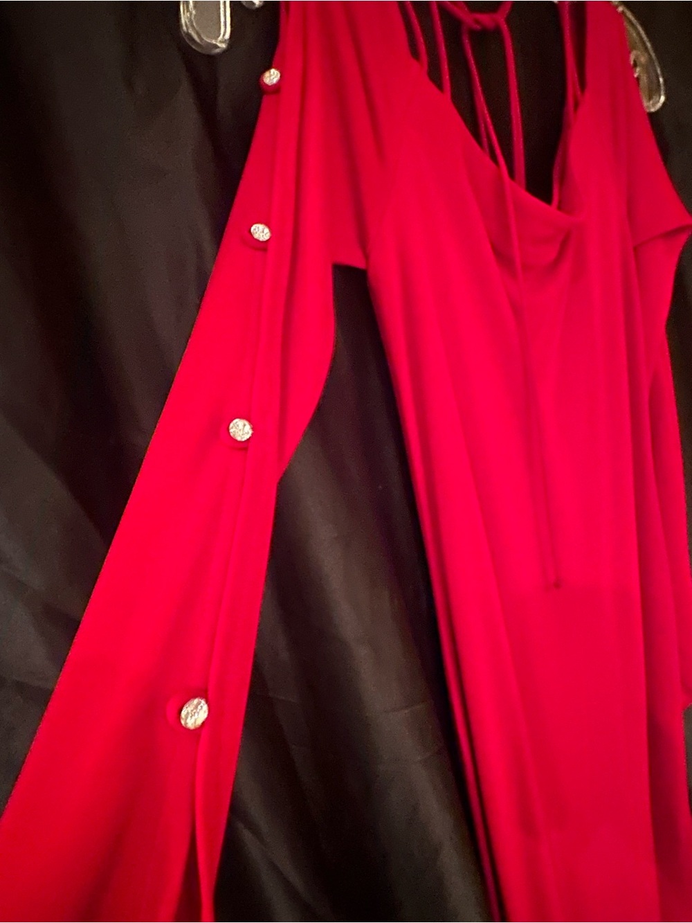 Dina Bar-El  Vintage Cold-Shoulder Red Maxi Dress with Decorative Crystal Button